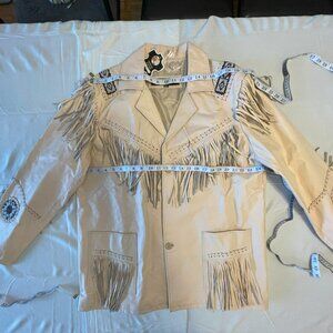 New - 3XL - Men's Beige/Ivory Leather Fringes Jacket